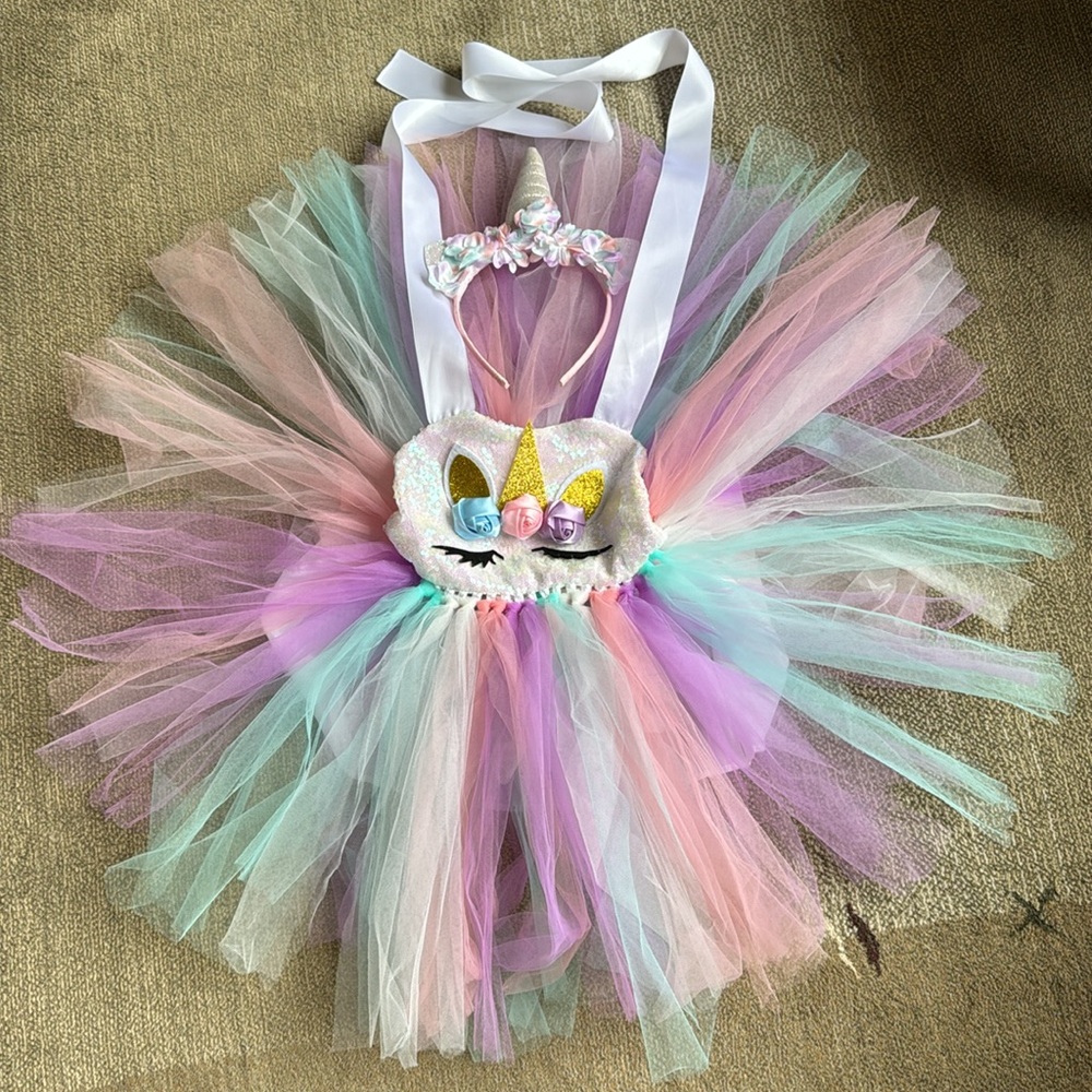 🦄 Unicorn Tutu Dreams Toddler Girls Dress with Pastel Tulle / Tie Neck Sz 3-4 - Picture 7 of 11